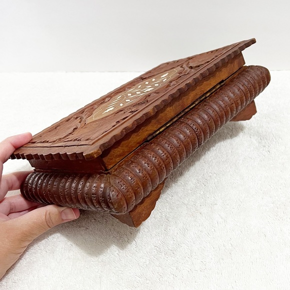 Wood Hand Craved Leaf Print Storage Box Junk Journal Supply Boho Organizer - Picture 5 of 13